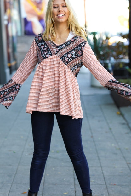 Rust Boho Floral Stripe Two Tone Bell Sleeve Top