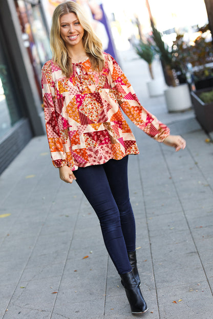 Rust/Magenta Patchwork Print Front Tie Boho Top