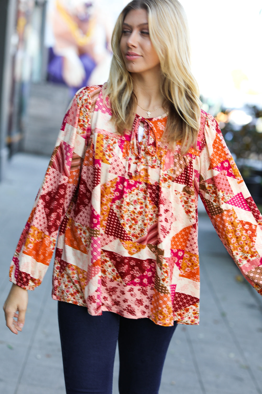 Rust/Magenta Patchwork Print Front Tie Boho Top