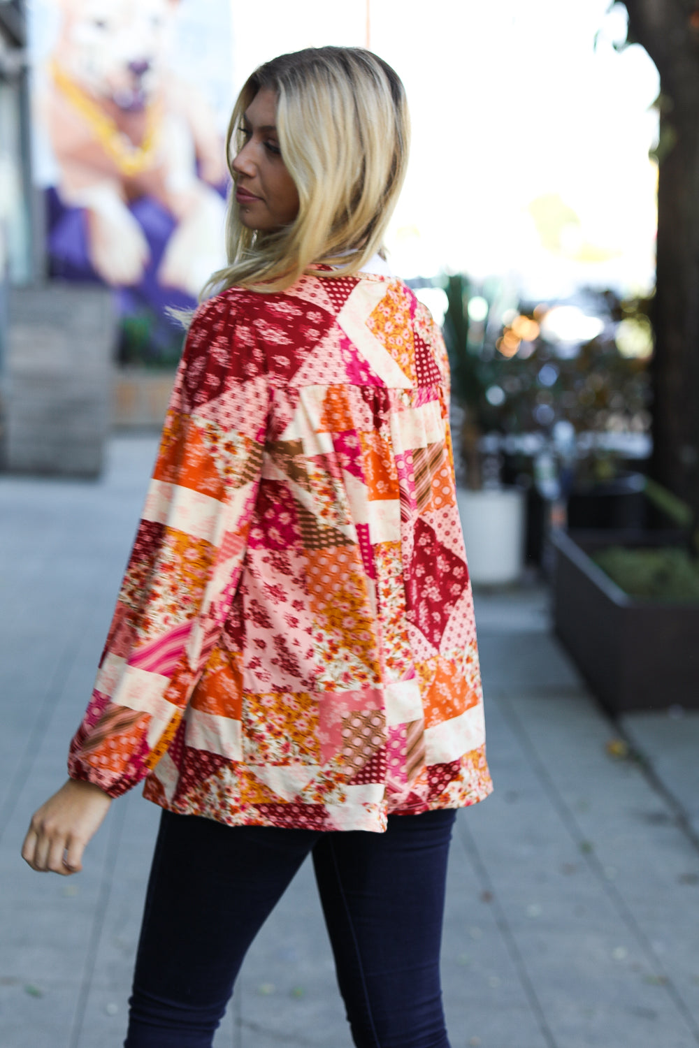 Rust/Magenta Patchwork Print Front Tie Boho Top