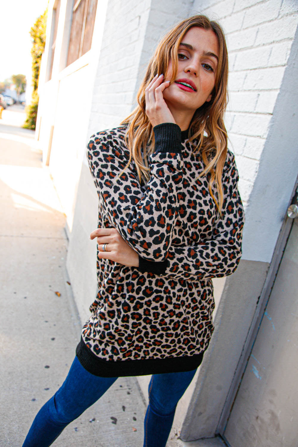 Animal Print Black Rib Knit Hemline French Terry Pullover