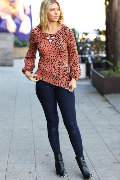 Terracotta Leopard V Neck Lace Up Bubble Sleeve Slim Top