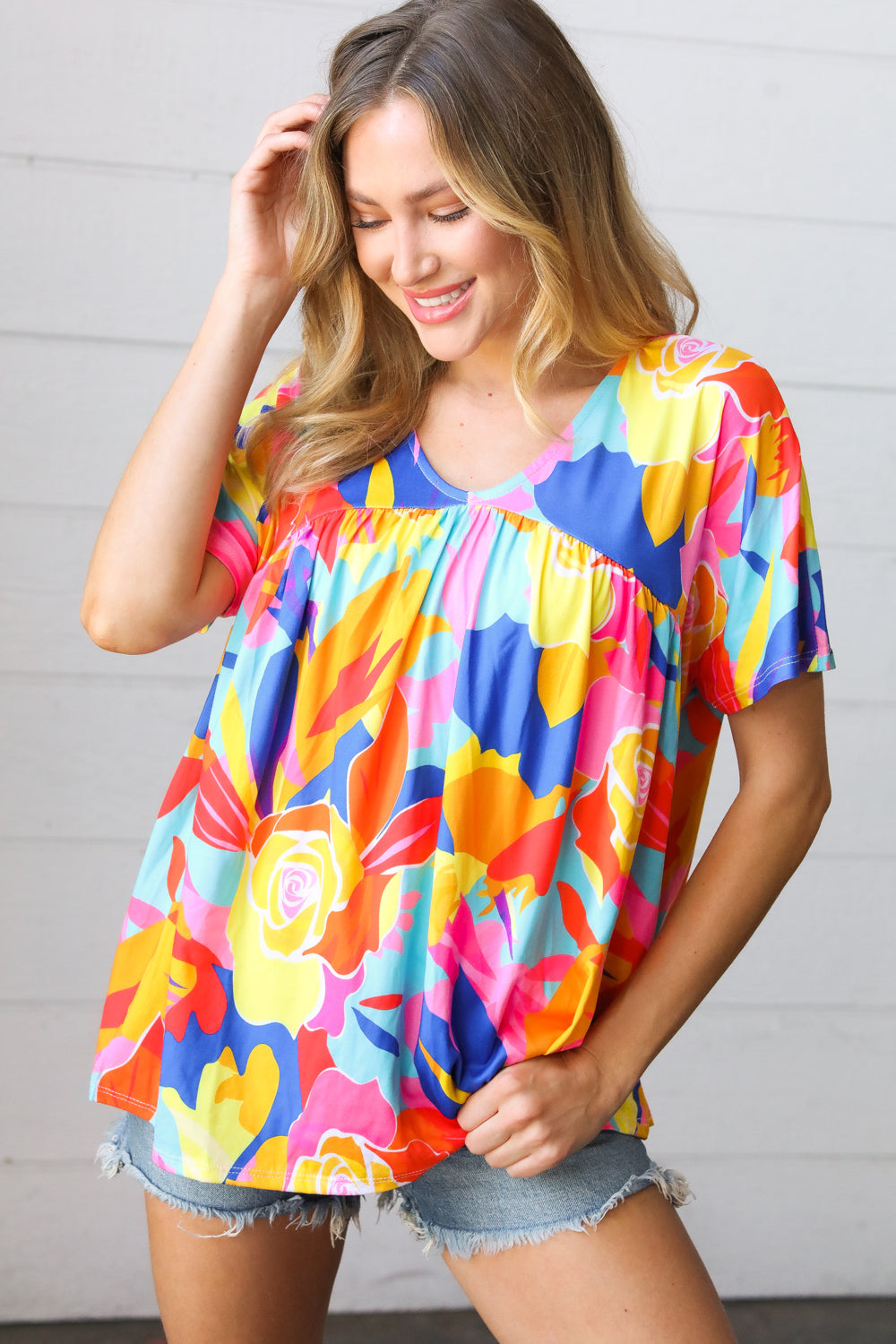 Orange & Yellow Geometric Floral V Neck Dolman Top