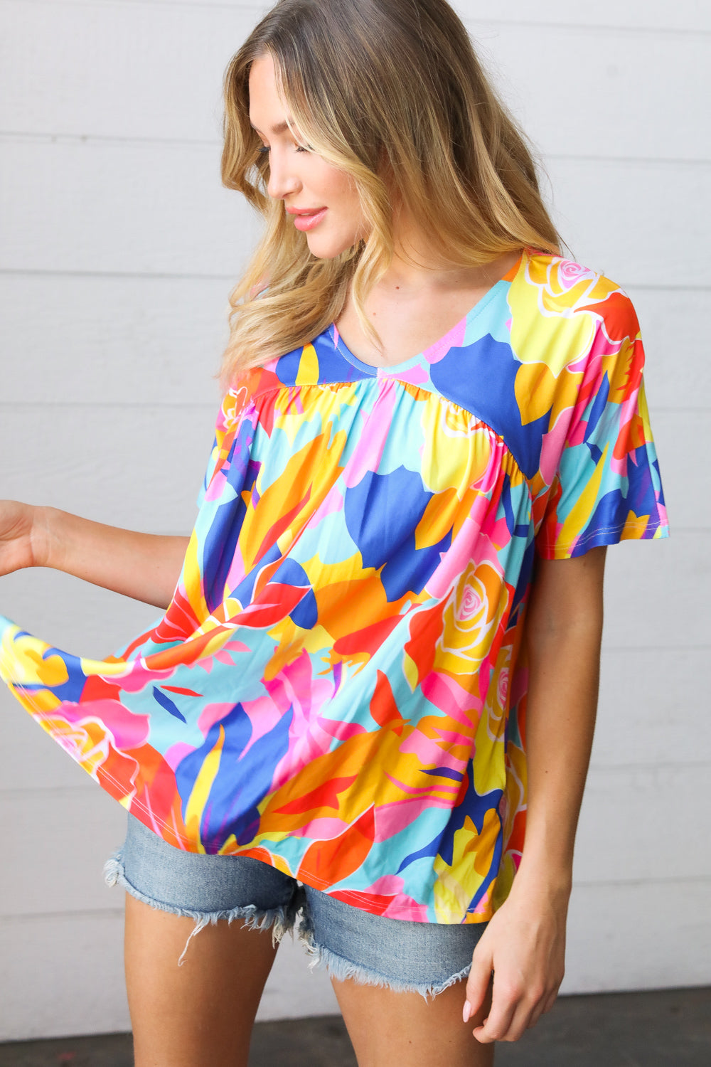 Orange & Yellow Geometric Floral V Neck Dolman Top