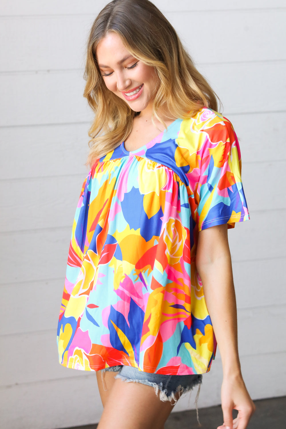 Orange & Yellow Geometric Floral V Neck Dolman Top