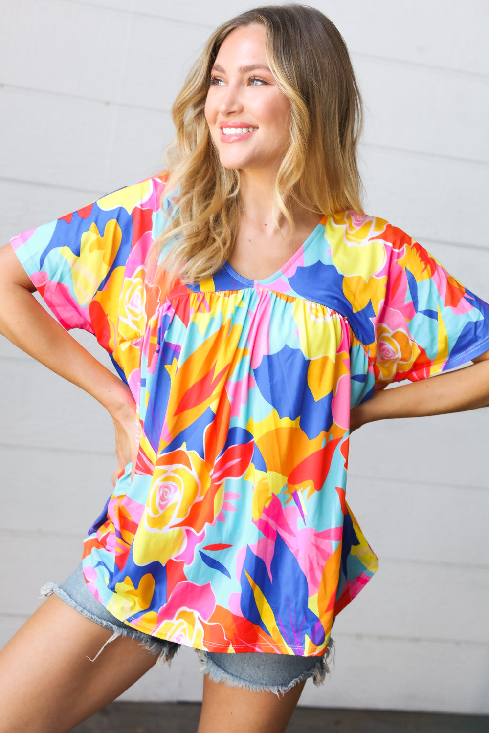 Orange & Yellow Geometric Floral V Neck Dolman Top