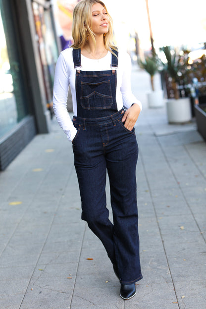 Just For You Dark Denim High Waist Wide Leg Overalls