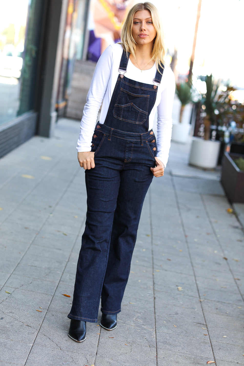 Just For You Dark Denim High Waist Wide Leg Overalls