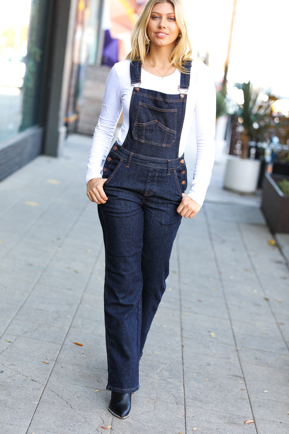 Just For You Dark Denim High Waist Wide Leg Overalls