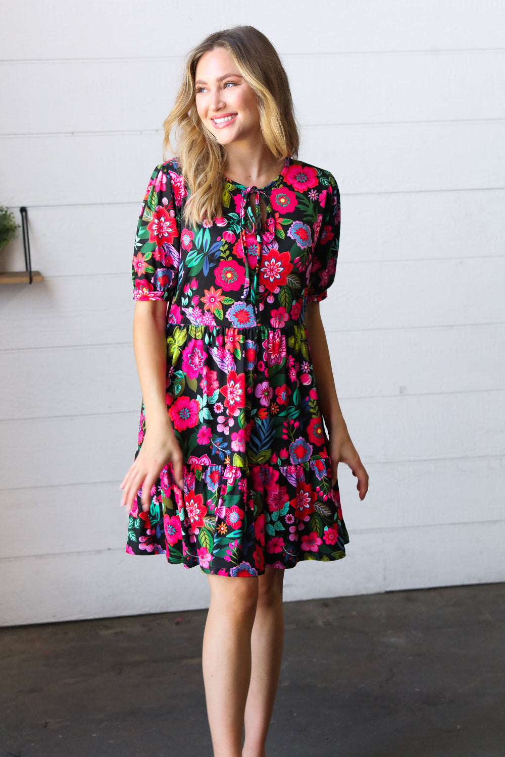 Black & Fuchsia Flat Floral Tiered Front Tie Pocketed Dress