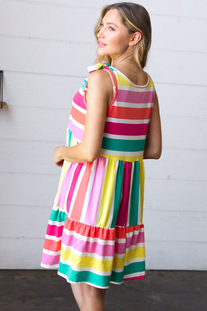 Multicolor Stripe Shoulder Tie Knot Ruffle Hem Dress