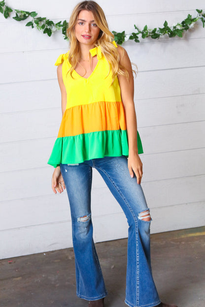 Yellow & Tangerine Tiered Shoulder Tie Bow Crepe Top