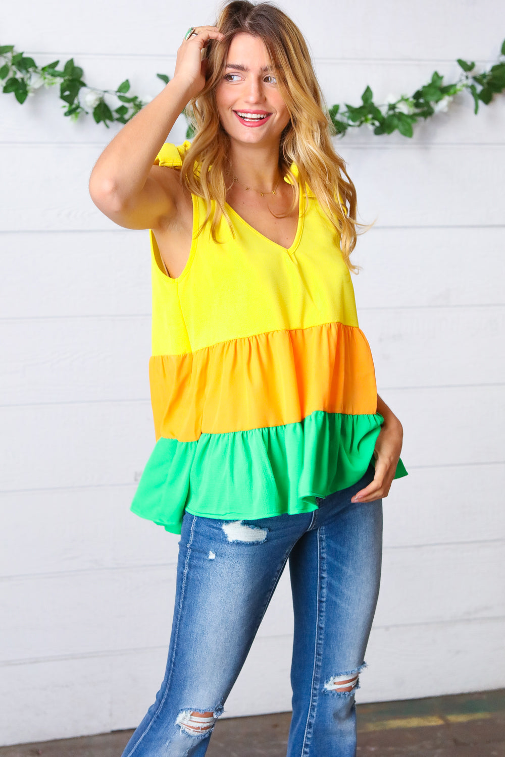 Yellow & Tangerine Tiered Shoulder Tie Bow Crepe Top