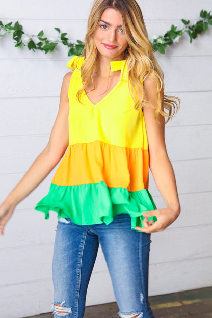 Yellow & Tangerine Tiered Shoulder Tie Bow Crepe Top