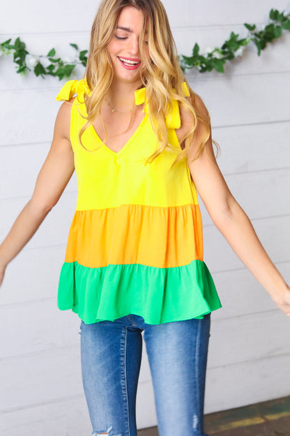 Yellow & Tangerine Tiered Shoulder Tie Bow Crepe Top