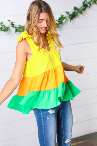 Yellow & Tangerine Tiered Shoulder Tie Bow Crepe Top