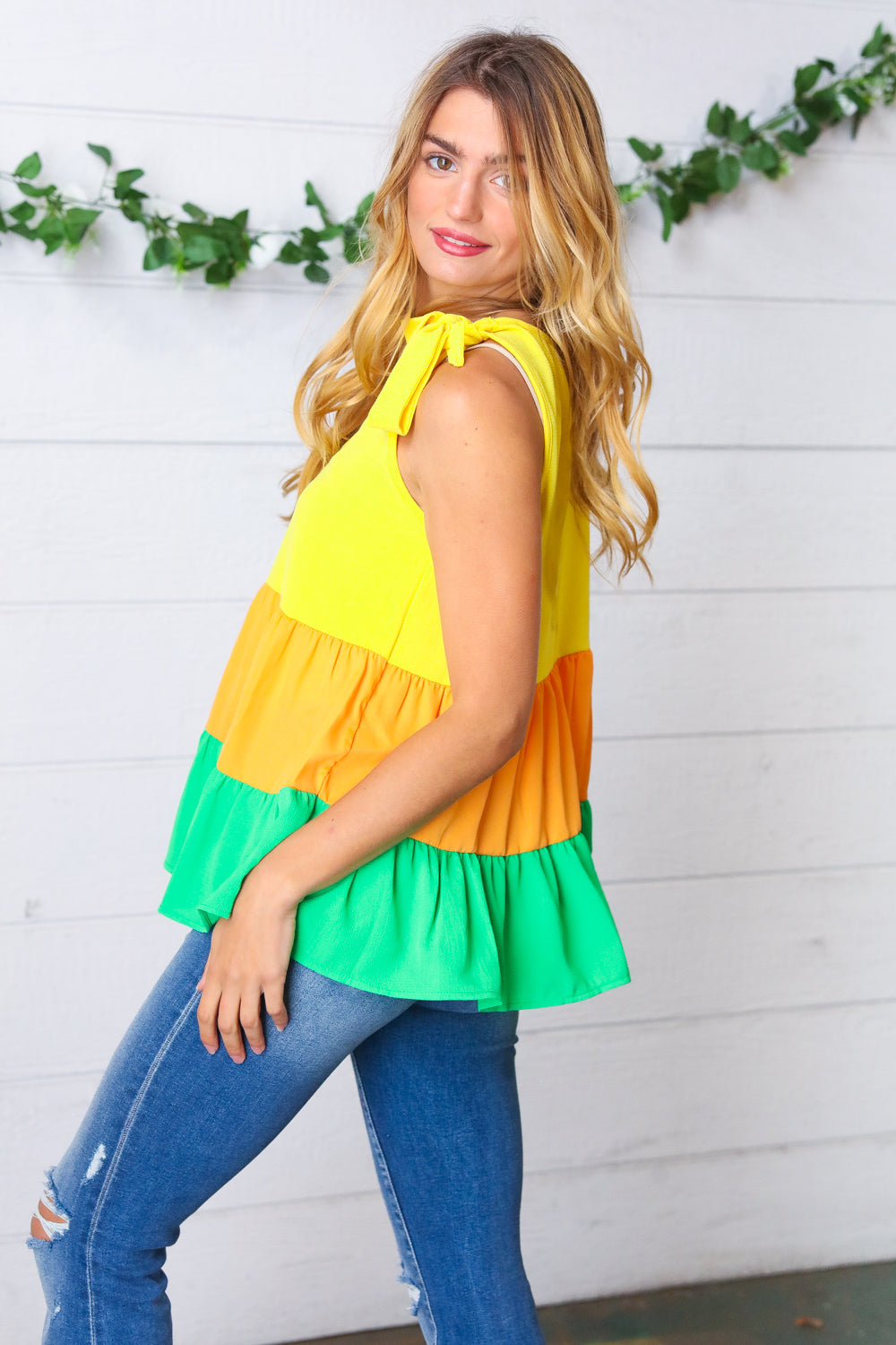 Yellow & Tangerine Tiered Shoulder Tie Bow Crepe Top