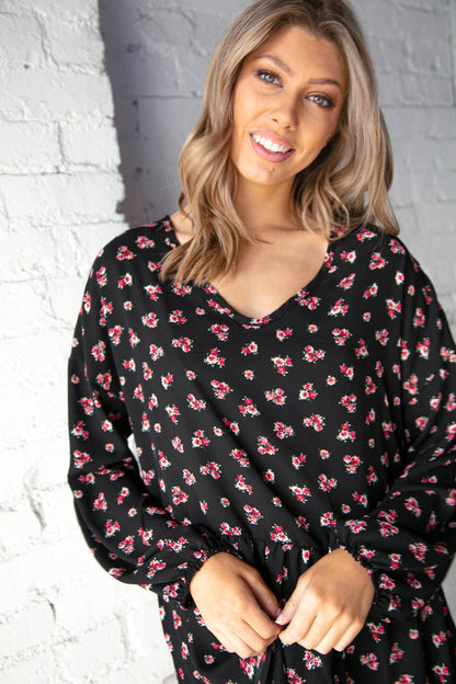 Black V Neck Floral Print Babydoll Woven Knit Top