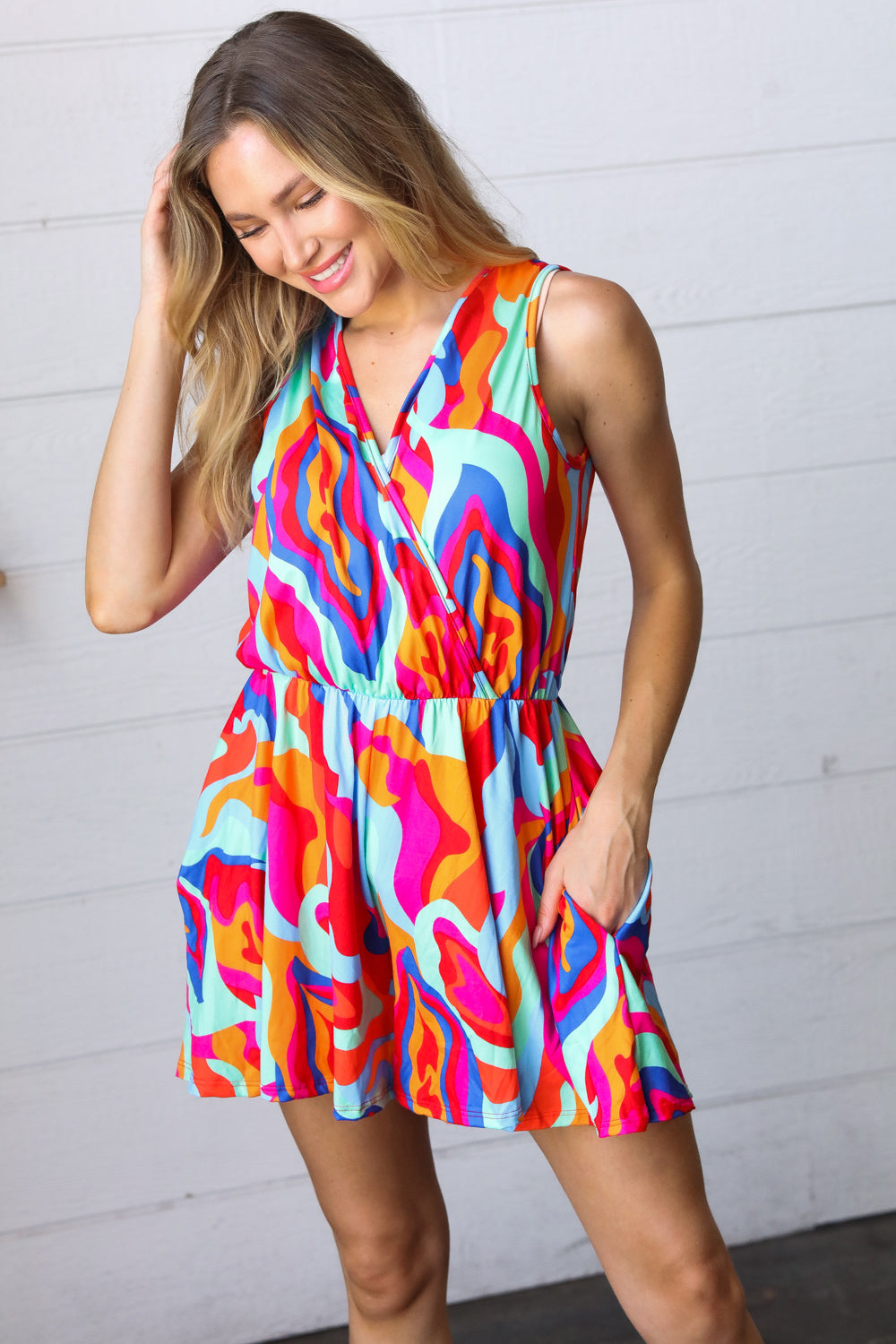 Vibrant Multicolor Abstract Sleeveless Surplice Romper