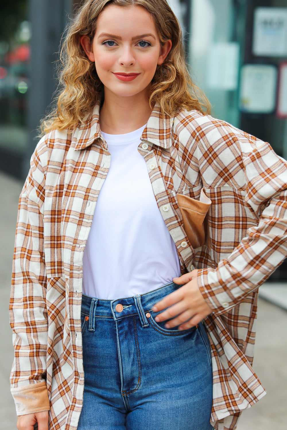 Eyes On You Taupe Plaid Velvet Pocket Button Down Top