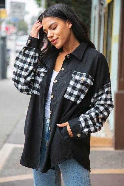 Buffalo Plaid Color Black Button Down Jacket