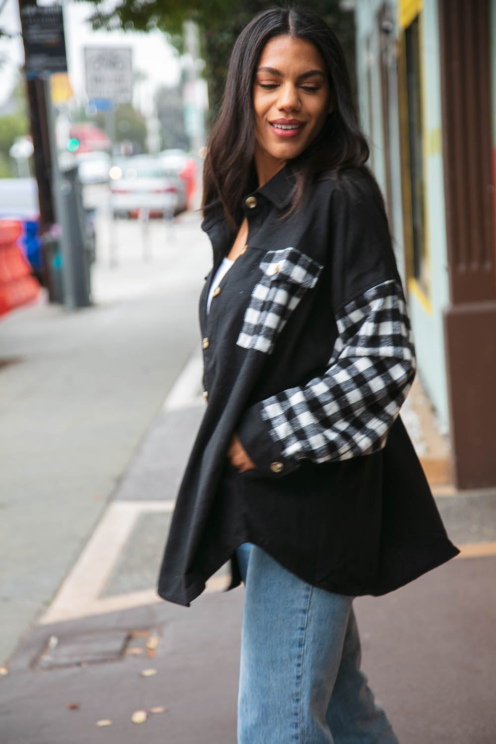 Buffalo Plaid Color Black Button Down Jacket