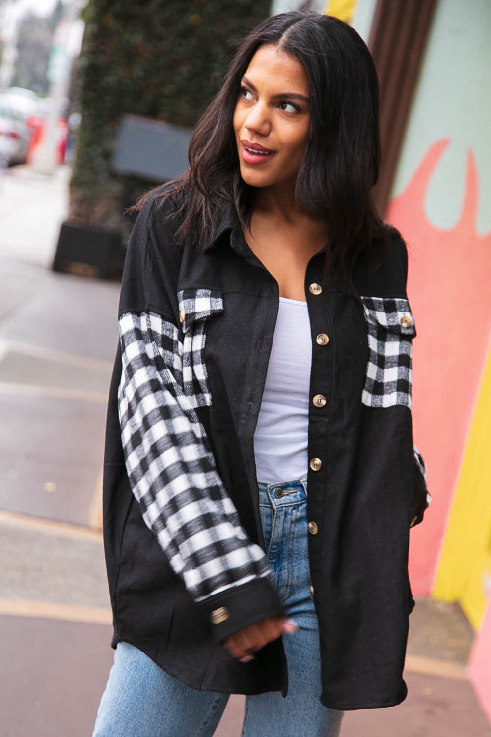 Buffalo Plaid Color Black Button Down Jacket