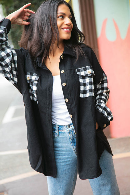 Buffalo Plaid Color Black Button Down Jacket