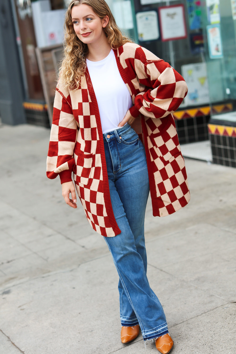 Can't Help But Love Rust Checkered Open Cardigan