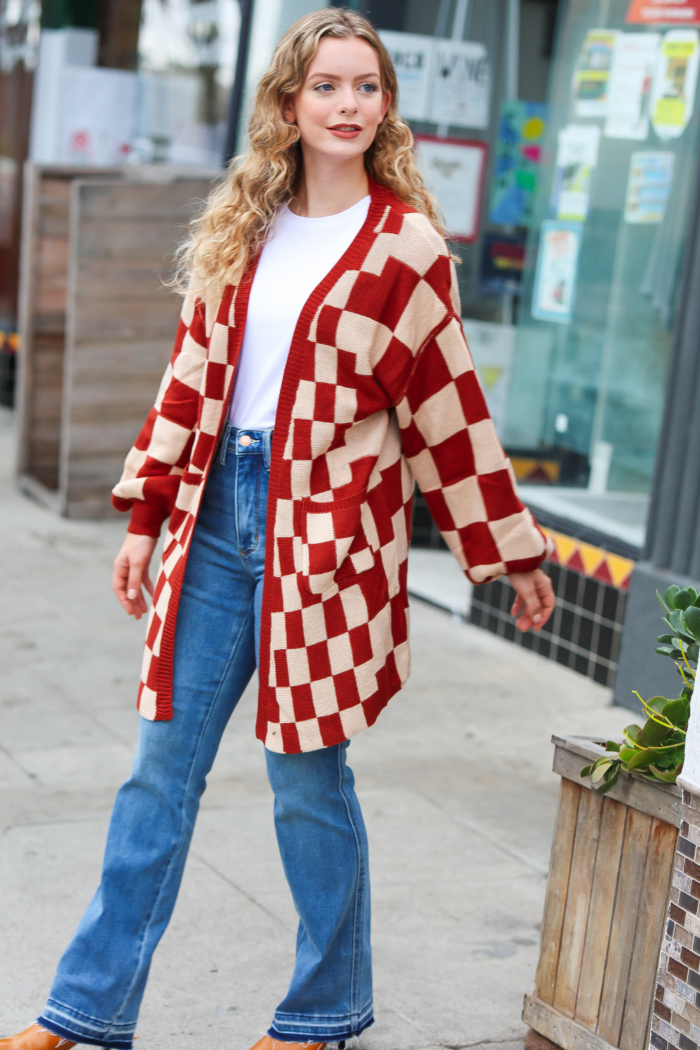 Can't Help But Love Rust Checkered Open Cardigan