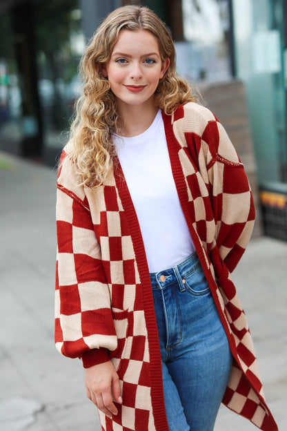 Can't Help But Love Rust Checkered Open Cardigan