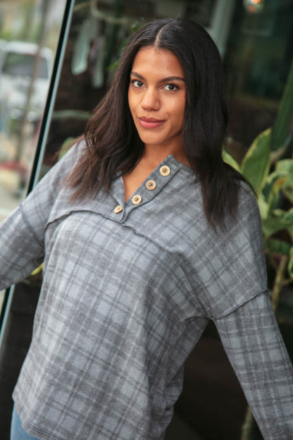 Grey Brushed Hacci Plaid Out Seam Button Down Top