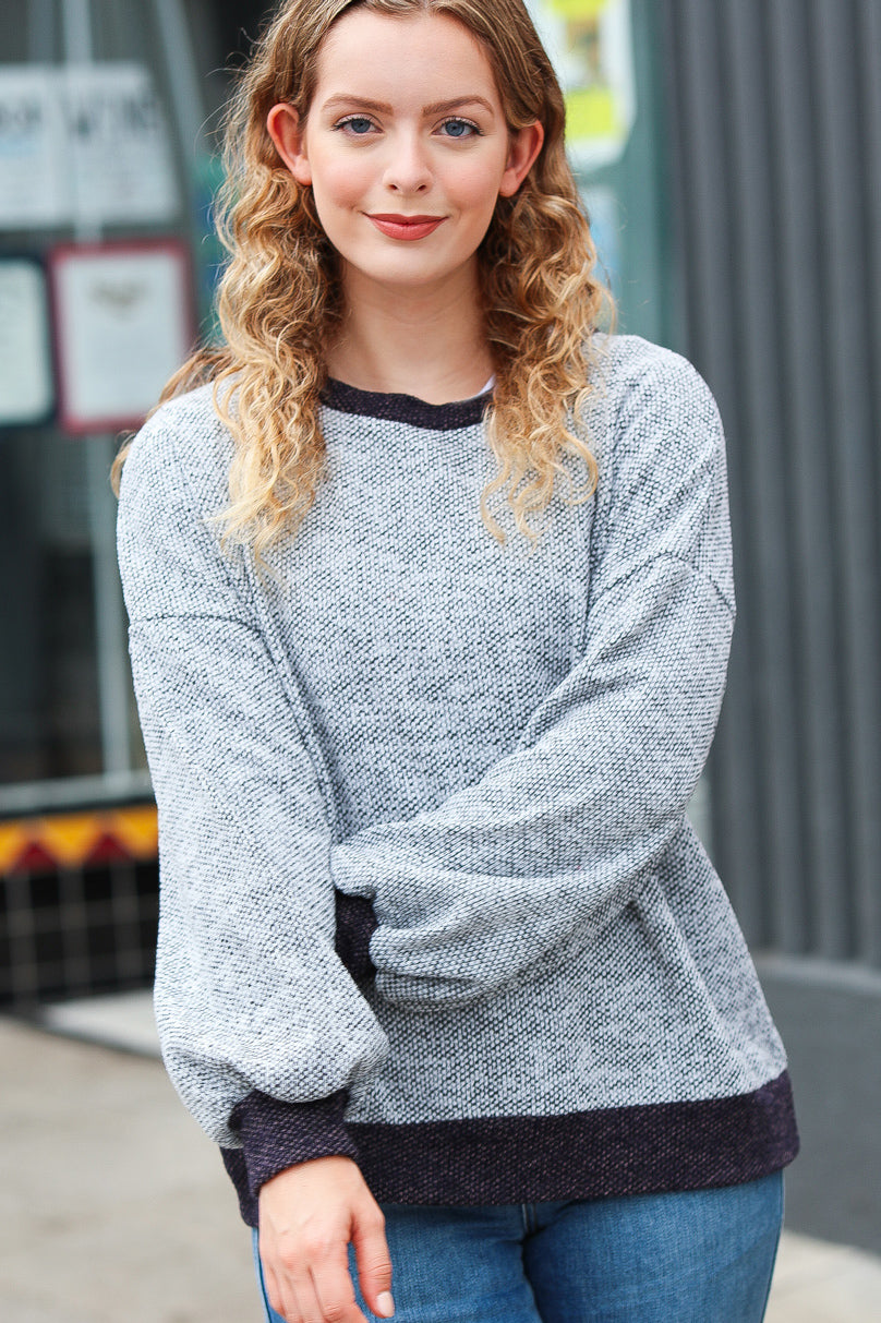 Break Free Grey Banded Two Tone Jacquard Knit Top