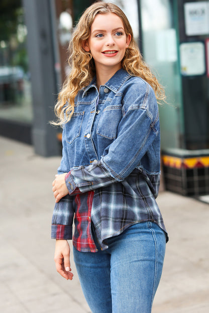 Denim & Plaid Color Block Cut Edge Jacket