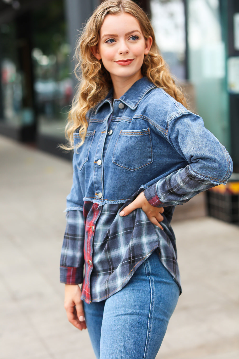 Denim & Plaid Color Block Cut Edge Jacket