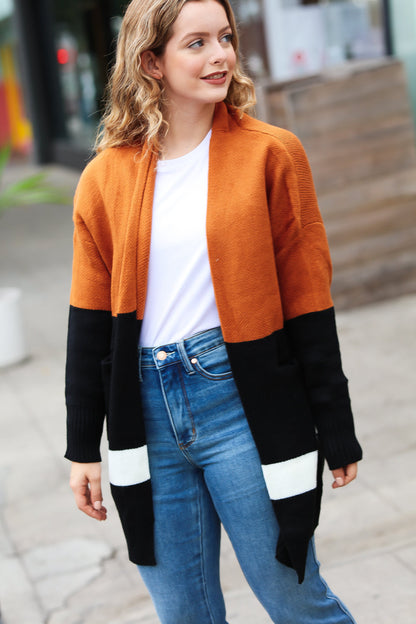 Layer Me Up Rust & Black Color Block Knit Open Cardigan