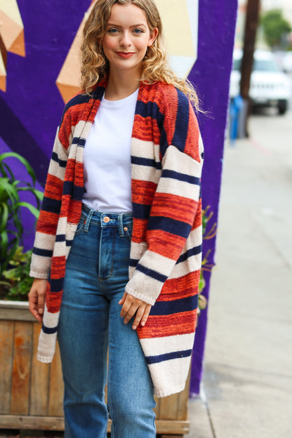 All Put Together Rust & Navy Striped Pocketed Cardigan