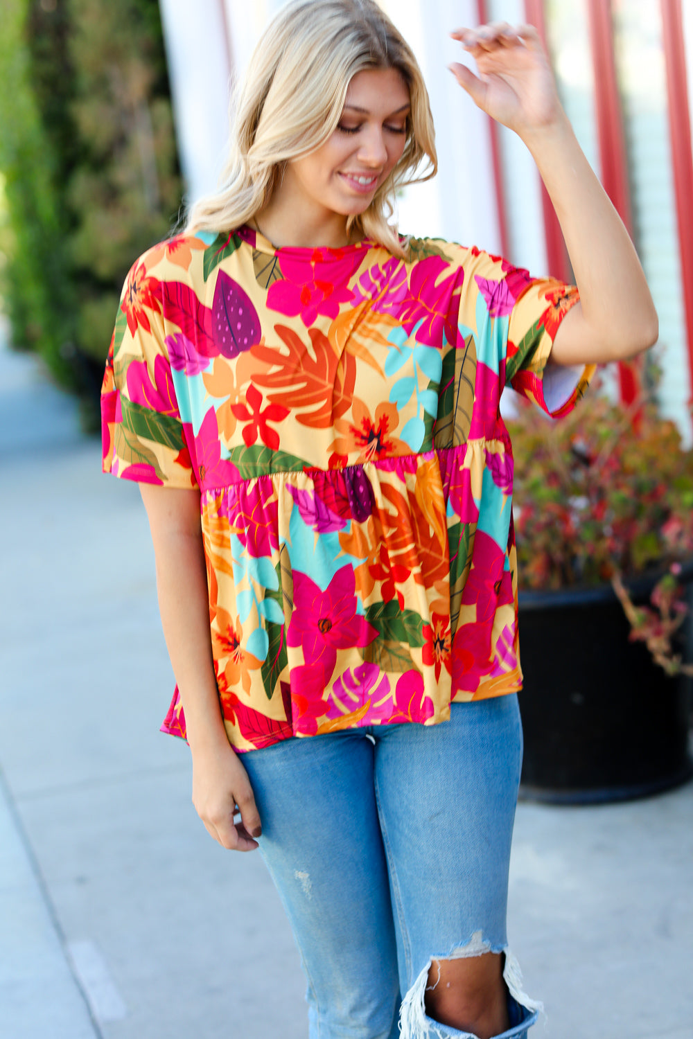 Burnt Orange Drop Shoulder Floral Babydoll Top