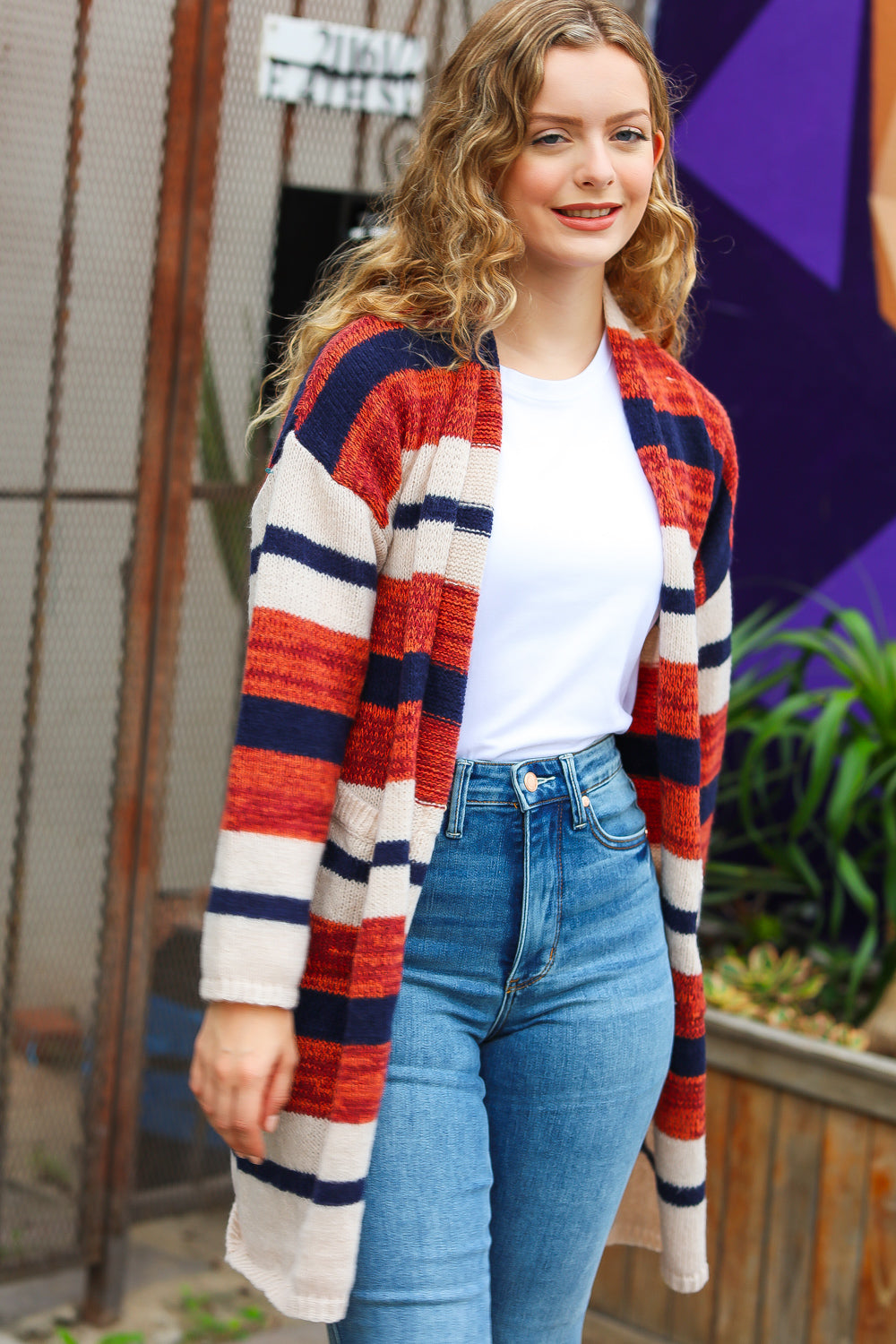 All Put Together Rust & Navy Striped Pocketed Cardigan