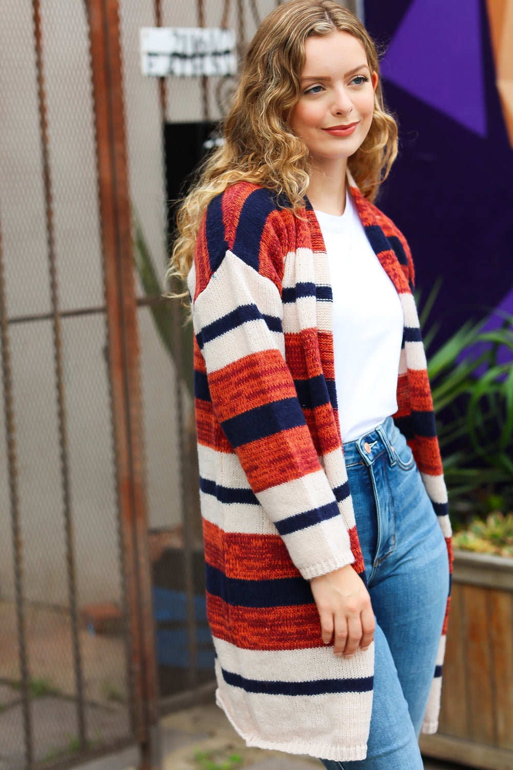 All Put Together Rust & Navy Striped Pocketed Cardigan