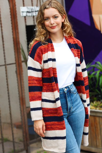 All Put Together Rust & Navy Striped Pocketed Cardigan