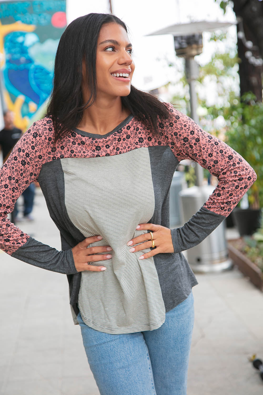 Floral and Stripe Block Raglan Knit Top