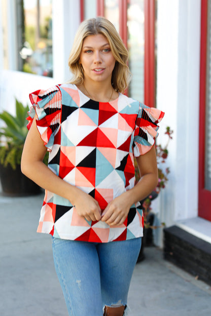 Ivory & Burnt Orange Geo Print Smocked Ruffle Frill Sleeve Top