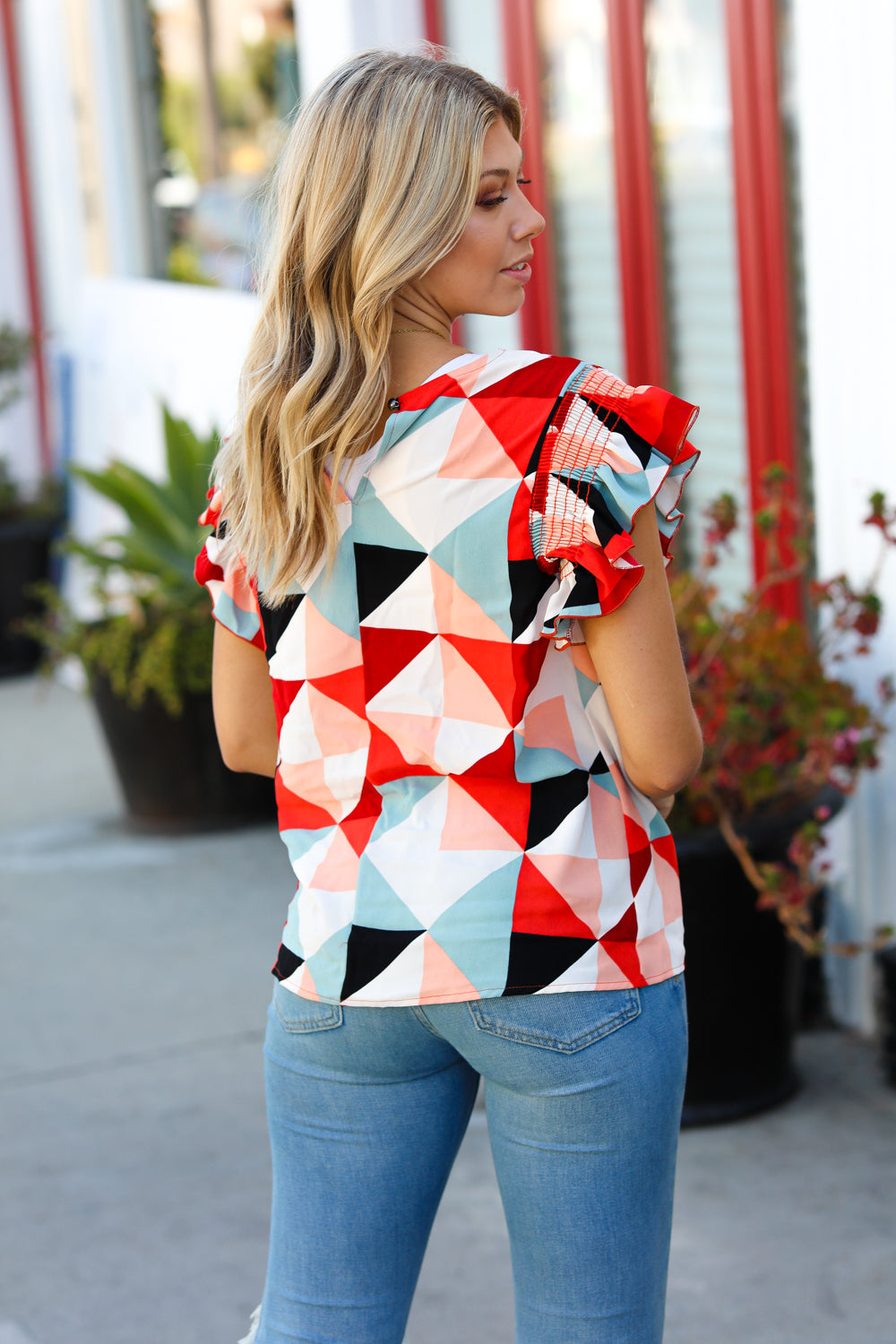 Ivory & Burnt Orange Geo Print Smocked Ruffle Frill Sleeve Top