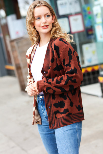 Taupe & Sepia Leopard Print Color Block Cardigan