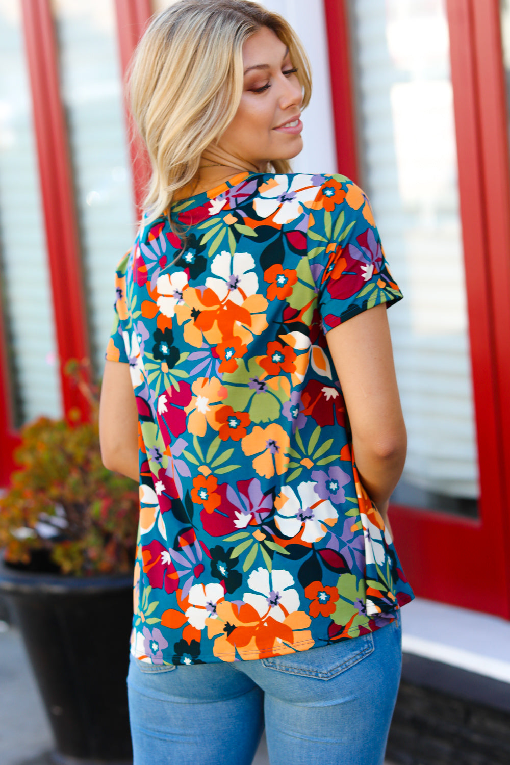 Teal & Maroon Flat Floral Print Top