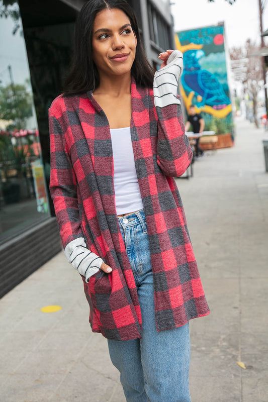 Plaid & Stripe Hacci Thumbhole Cuff Cardigan