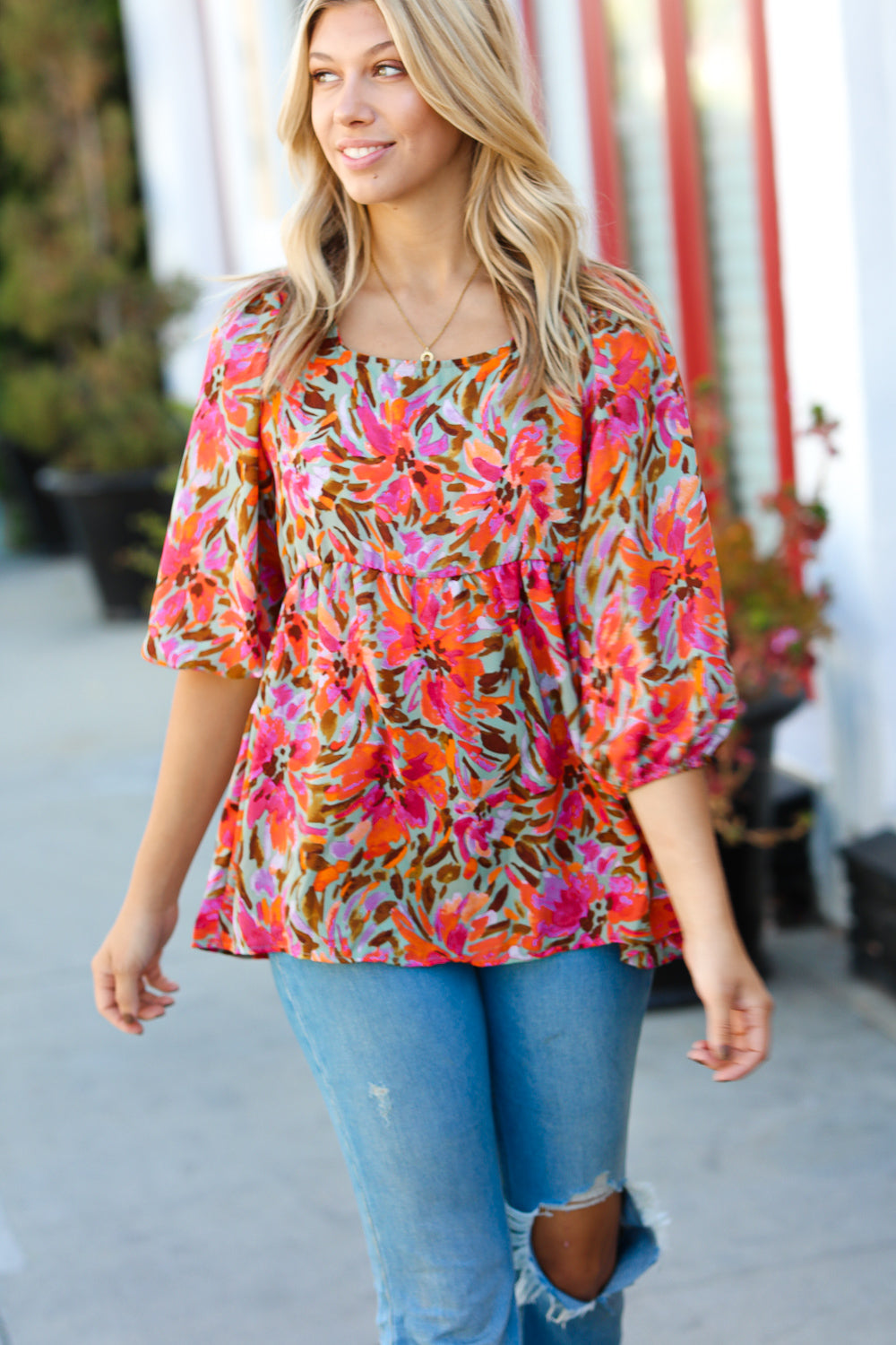 Sage Floral Chiffon Three Quarter Sleeve Peplum Top