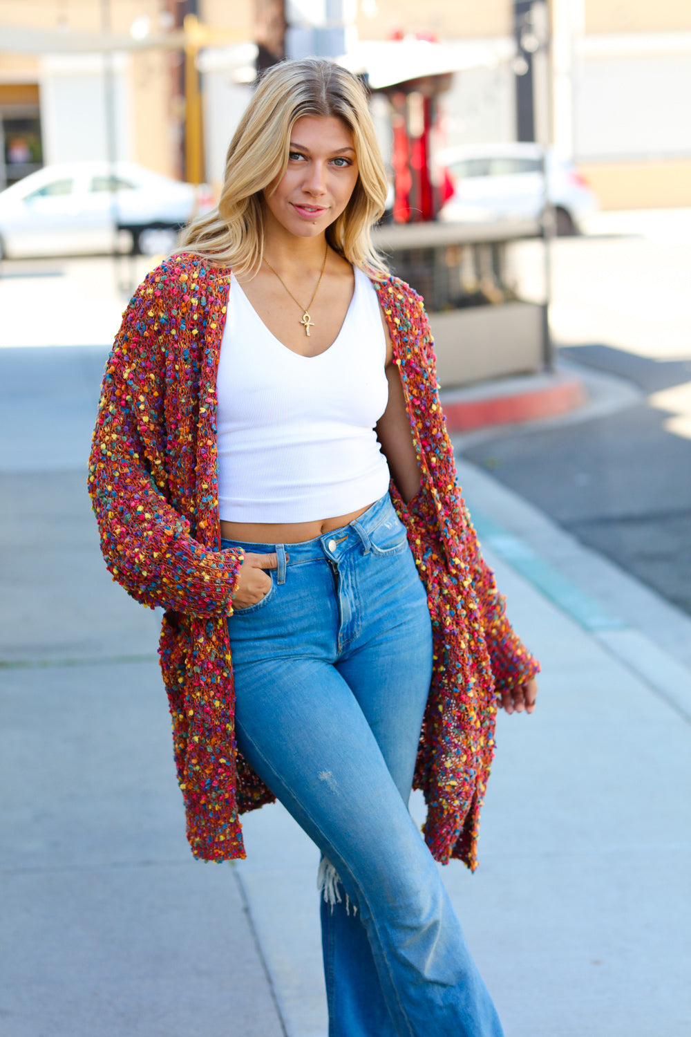 Rust Popcorn Long Sleeve Open Sweater Cardigan