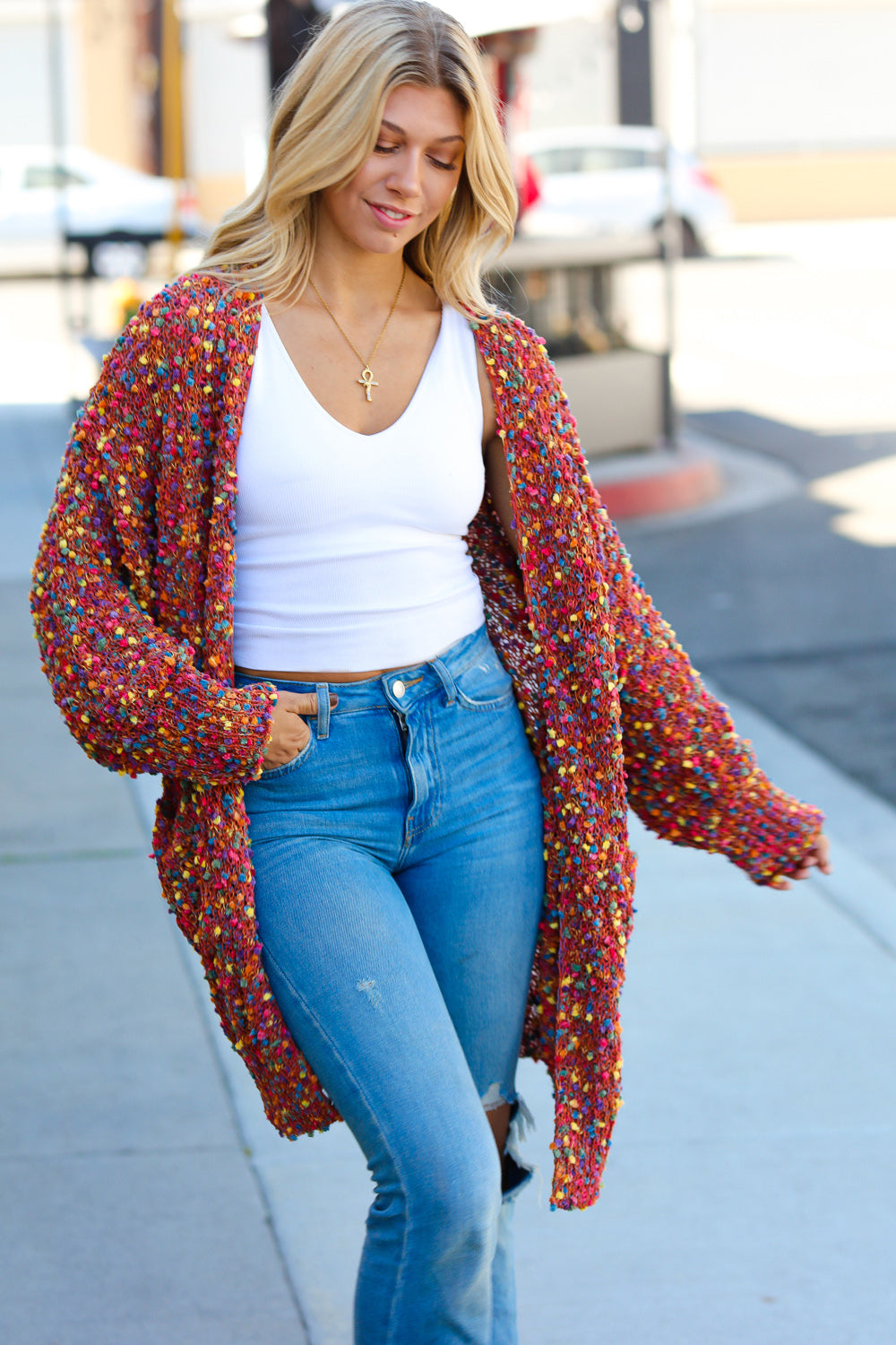 Rust Popcorn Long Sleeve Open Sweater Cardigan